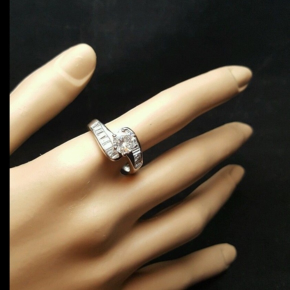 Silver Solitaire Ring Cubic Zirconia Rhodium Plated 10 12 - Picture 6 of 9